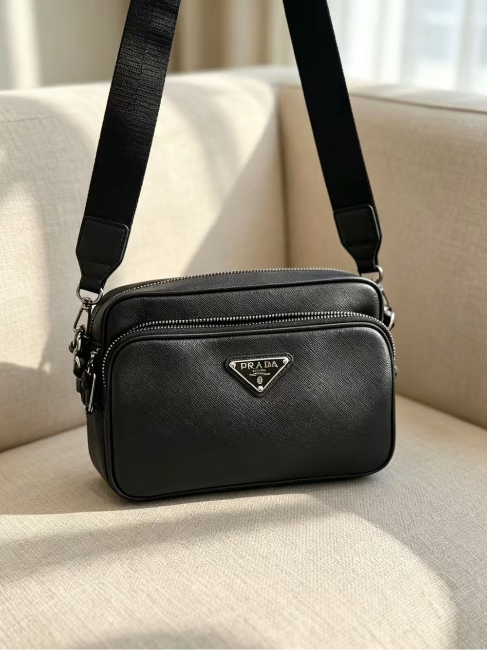 Pradaa Black Saffiano Leather Crossbody Bag